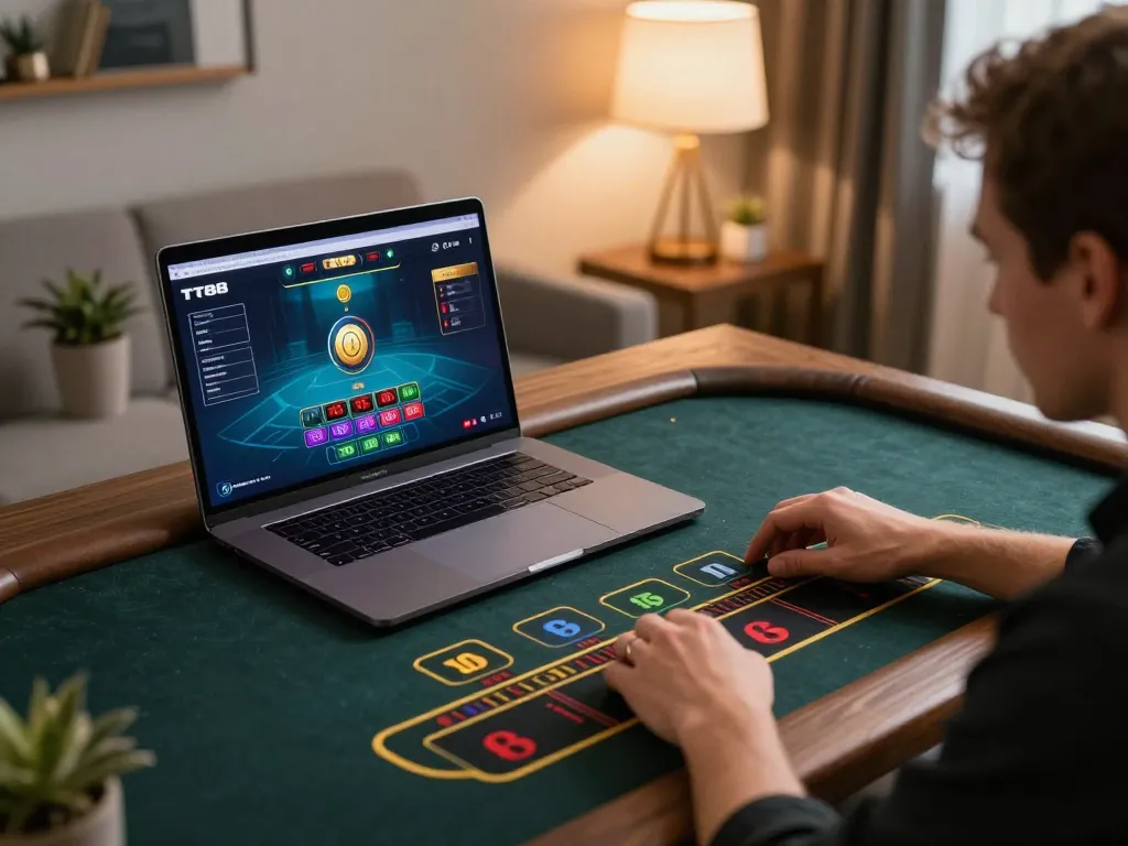 Player engaging with nhà cái tt88 online gaming interface at home, showcasing responsible gambling