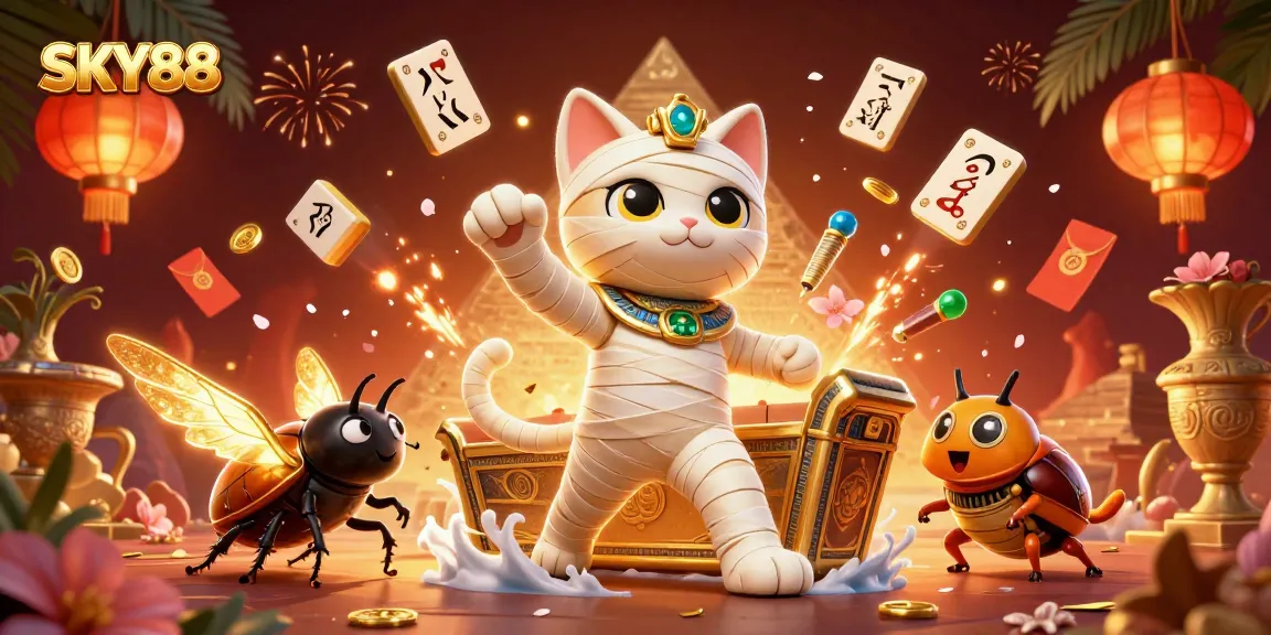 Experience thrilling gameplay with SKY88, featuring Egyptian-themed characters and vibrant casino elements.