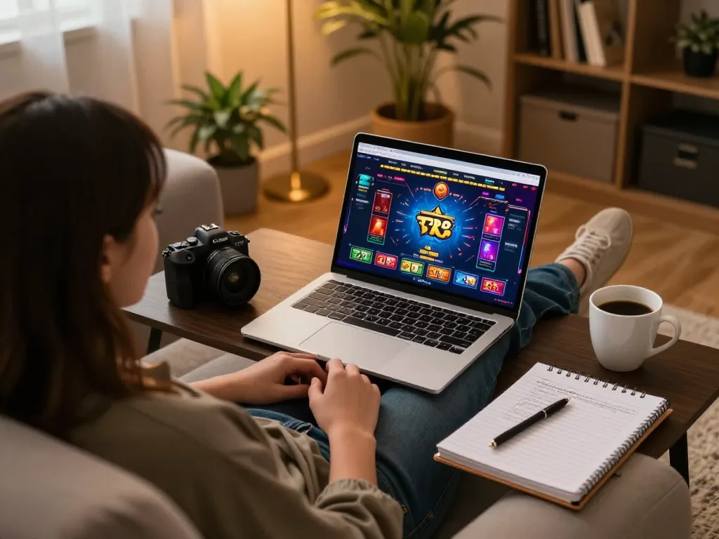 Player engages with TR88 online casino interface from cozy home setup, showcasing responsible gaming.