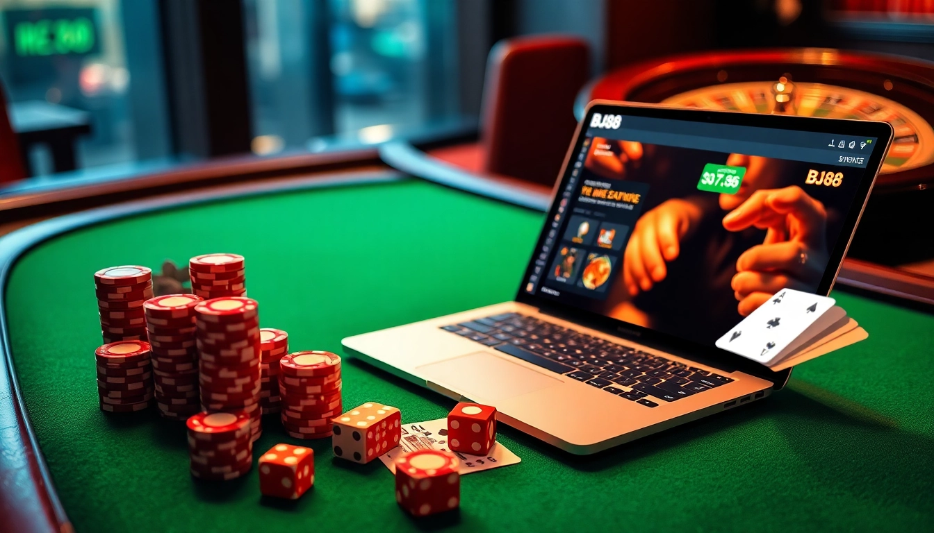 Experience thrilling betting action at BJ88 with vibrant casino elements and live gaming visuals.