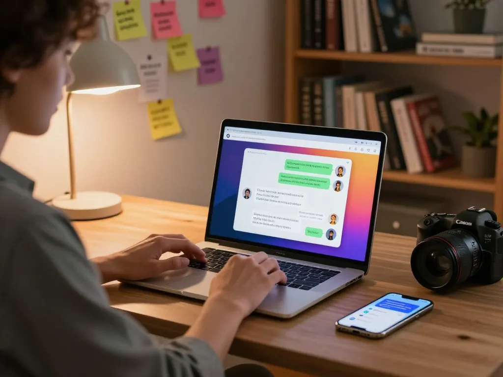 Engaging with Crush On AI character chat in a cozy home office.