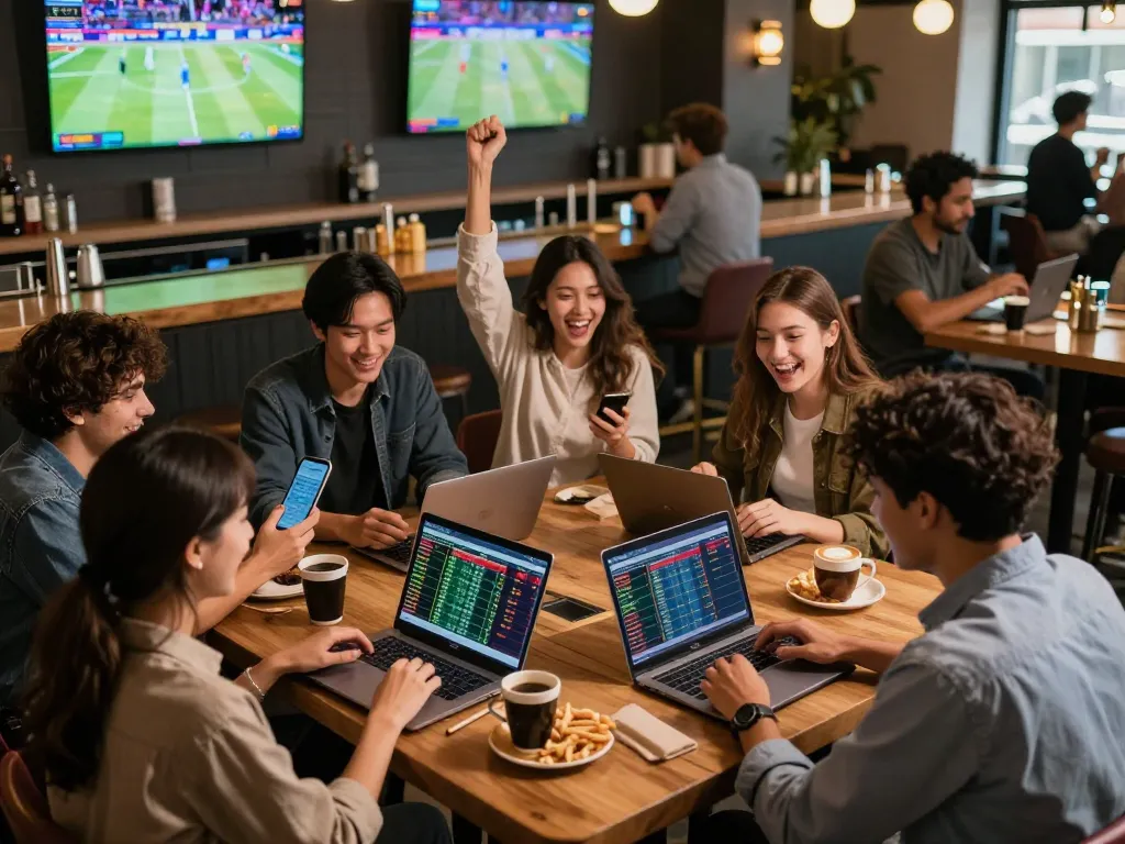 Exciting sports betting scene at dn88 with friends analyzing odds and cheering for their teams.