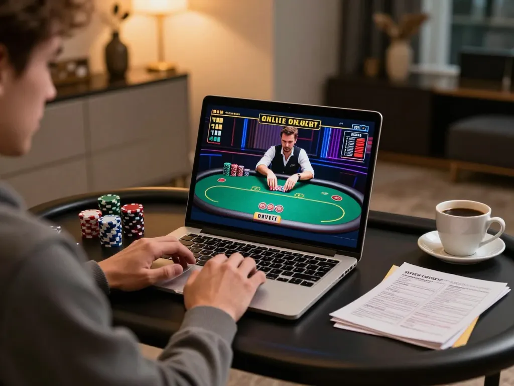 Players strategizing at TR88 online casino poker game on a sleek laptop.