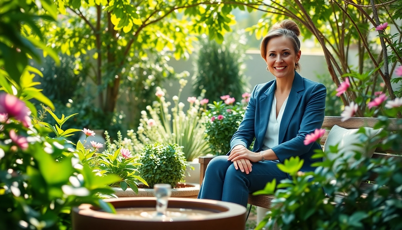 Mental wellness coach offering guidance in a tranquil garden setting filled with greenery.