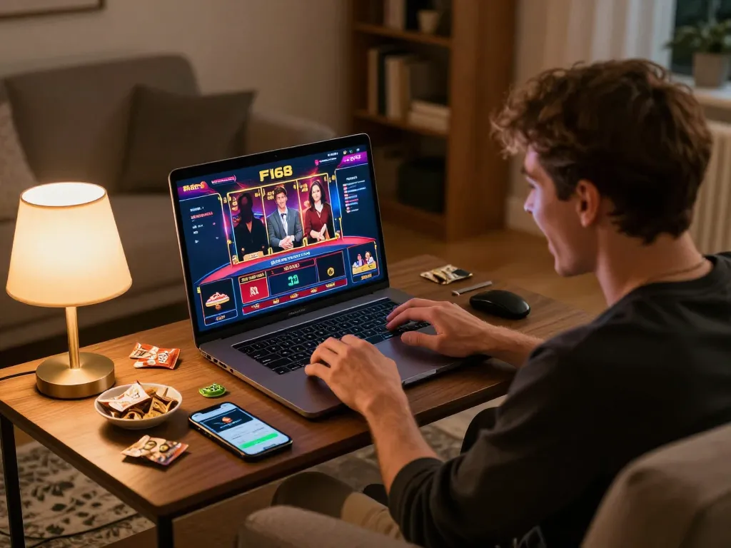 Player enjoying F168 online casino game at home with live dealer interface