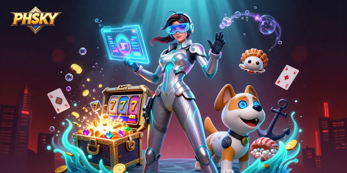 PHSKY promotional illustration depicting a futuristic woman and robot dog among slot machines and casino games.