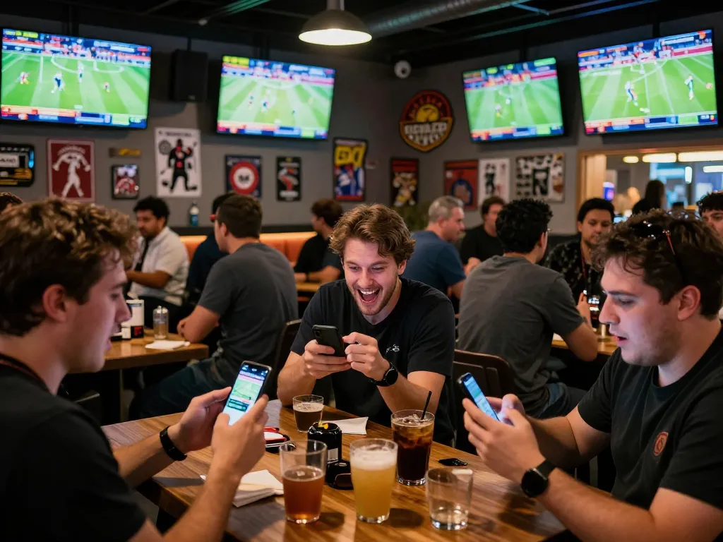 DEBET sports bettors celebrating wins and strategizing in a lively sports bar setting