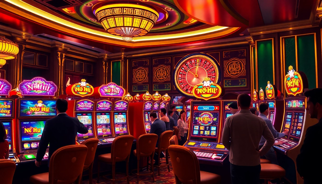 Experience the thrill of nổ hũ as players engage with vibrant slot machines in a lavish casino.