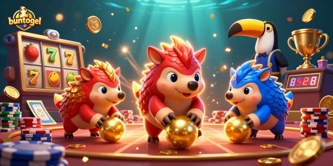 Buntogel showcases a vibrant 3D scene of rival pangolins playing slots, capturing the excitement of online gambling.