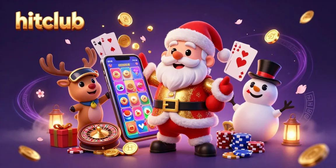 Win big with hitclub's lively casino games featuring Santa and friends in a festive 3D illustration.