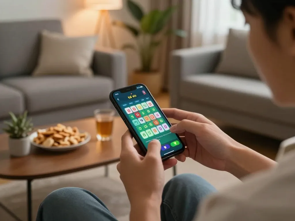 Playing app tài xỉu online on a smartphone in a cozy living room setting