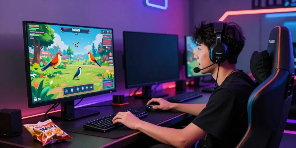 Interactive ROKOK88 login virtual gaming scene with a player strategizing to catch virtual birds for exciting gameplay.