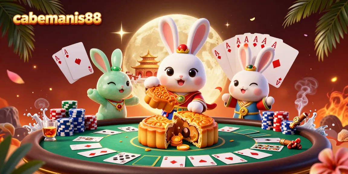 Engage with cabemanis88 as a moon rabbit explores online poker riches amidst vibrant casino elements.