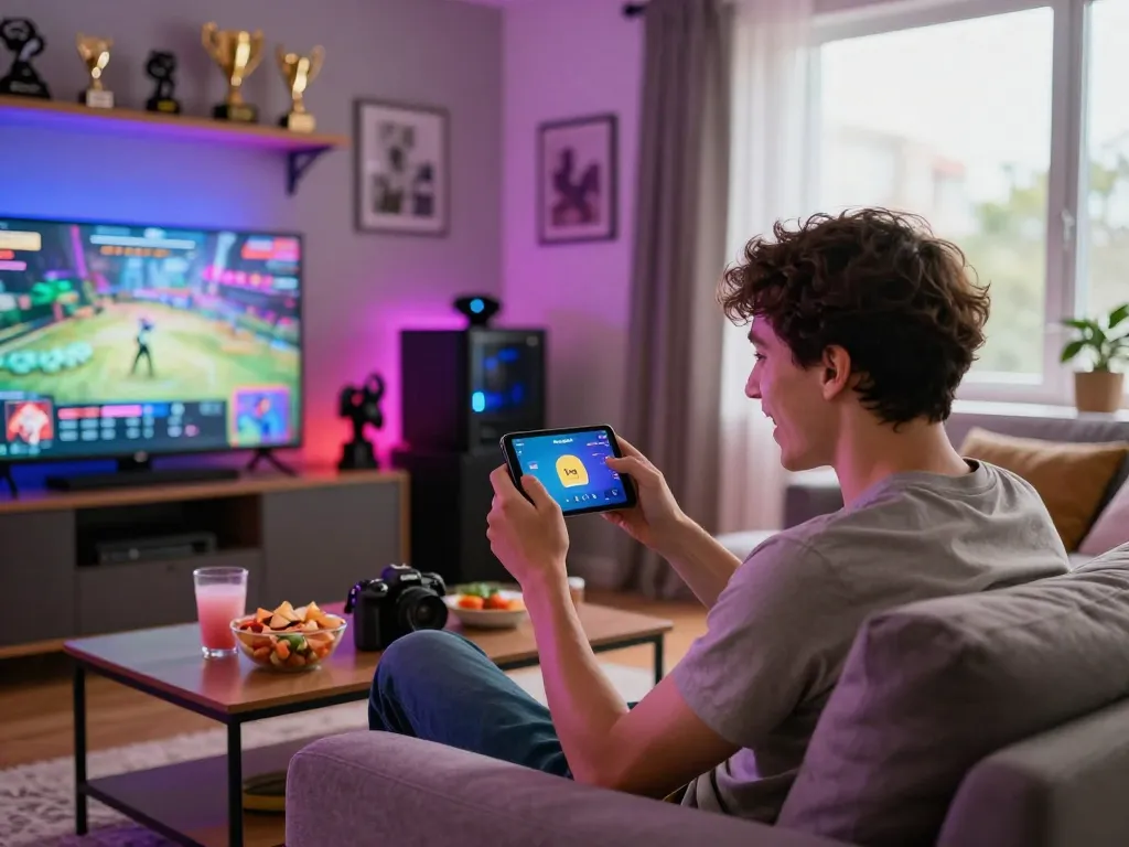 Excited gamer downloading tải sun win app in a vibrant home setup with snacks and collectibles.