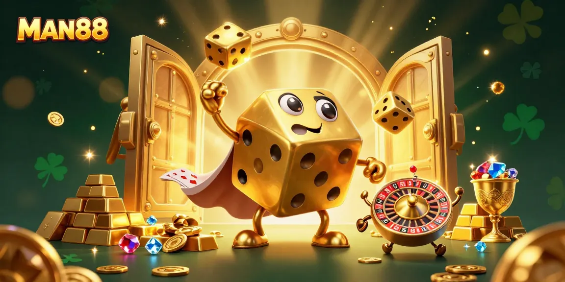 Experience exciting gameplay with MAN88's vibrant casino characters and golden treasures.