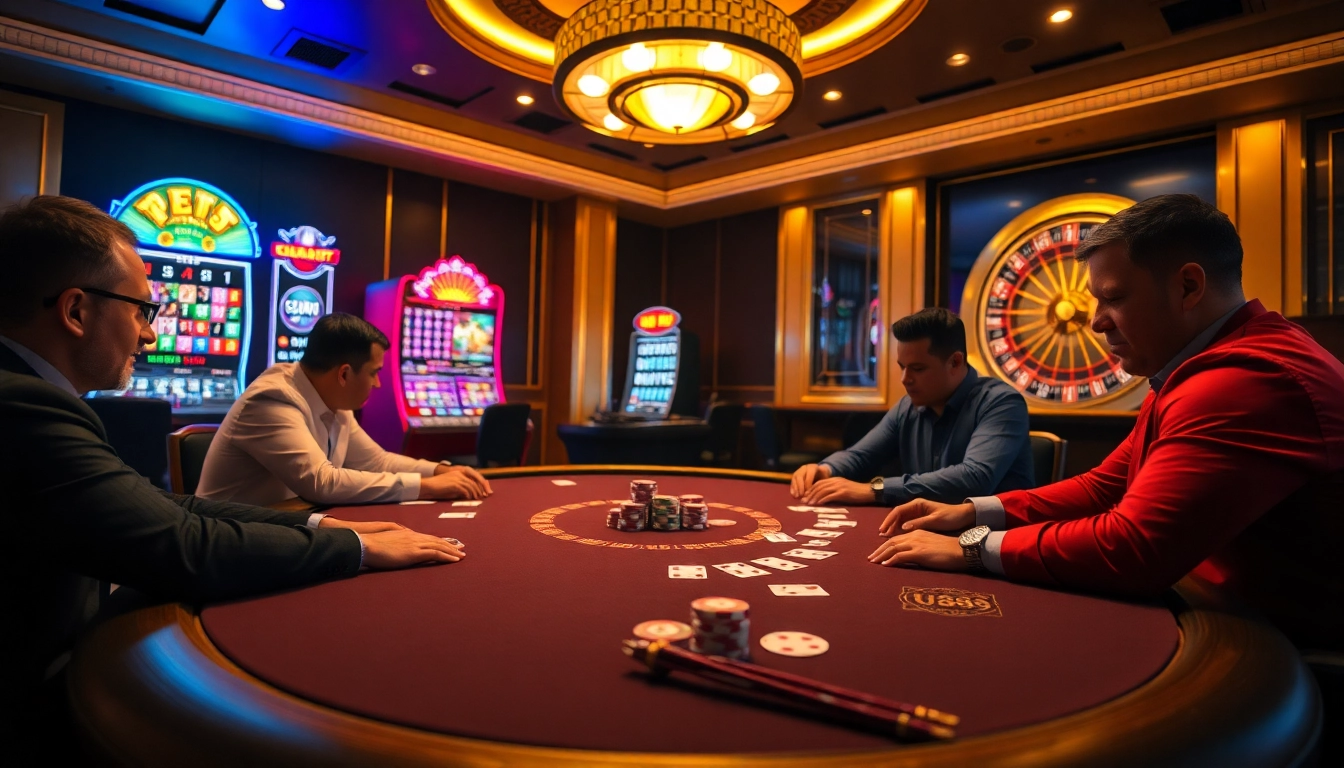 Play exciting poker games at U888 with colorful chips and cards in a vibrant casino setting.