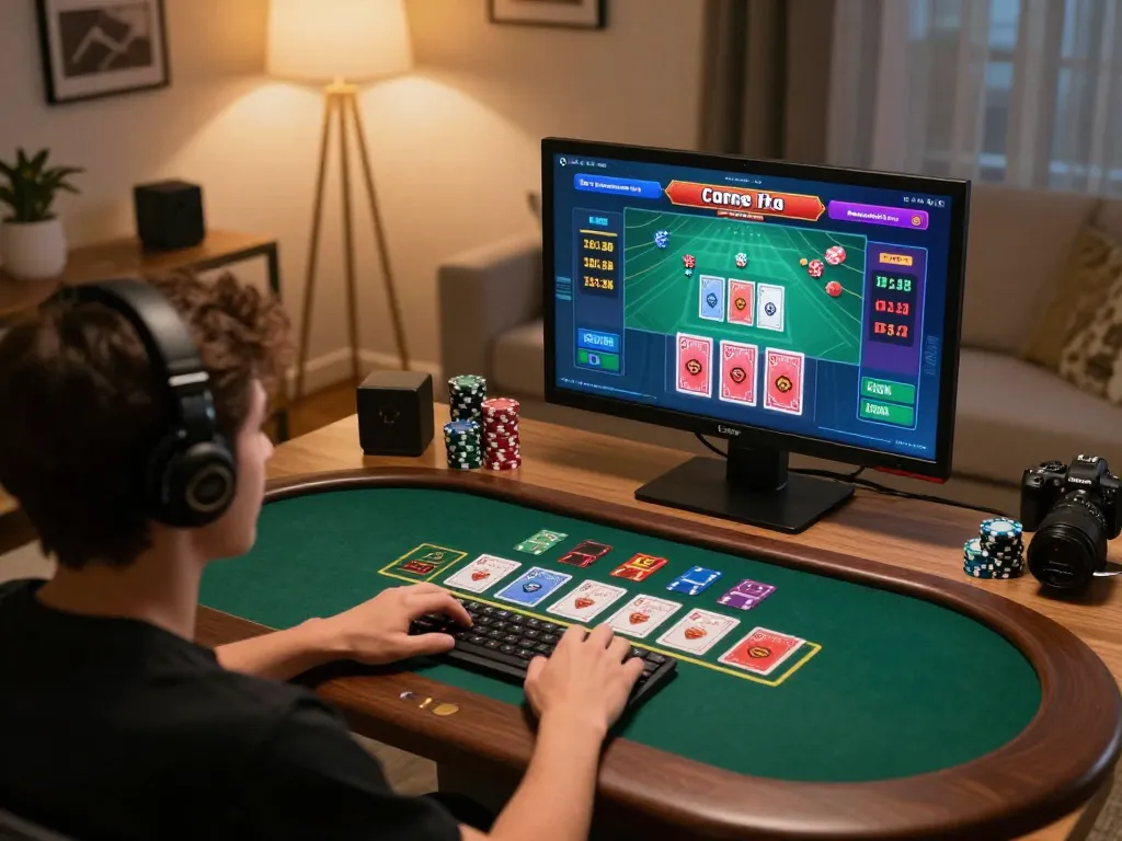 KONG88 player enjoying thrilling online blackjack at stylish home setup.