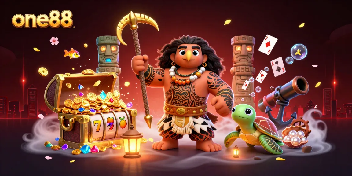 Experience thrilling casino adventures with one88 in this vibrant 3D illustration featuring slot reels and treasures.