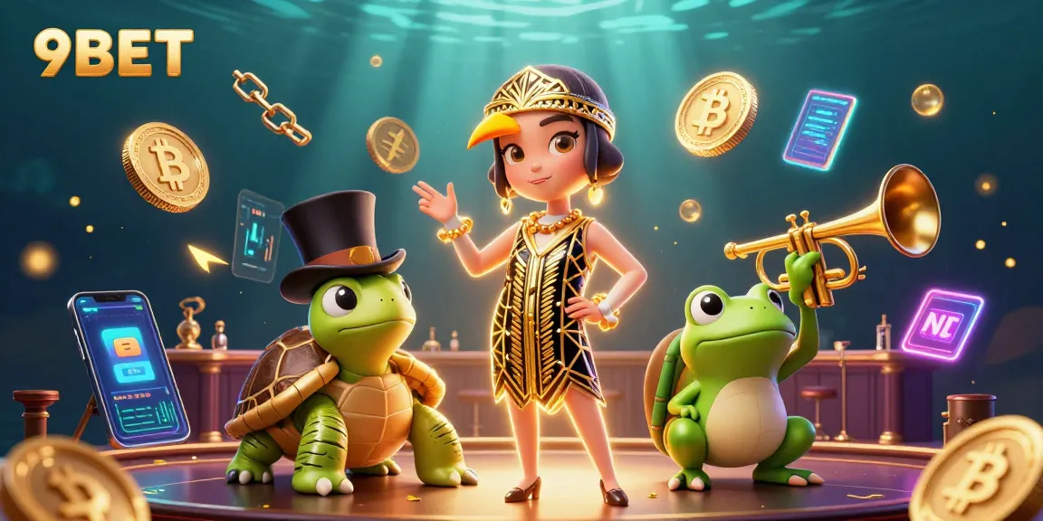 Engage with 9BET's thrilling casino experience through vibrant characters and cryptocurrency elements.