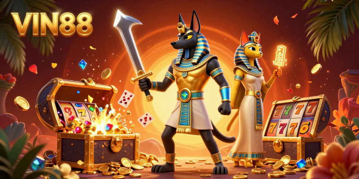 Engage in thrilling slots at VIN88 with vibrant characters and casino elements.