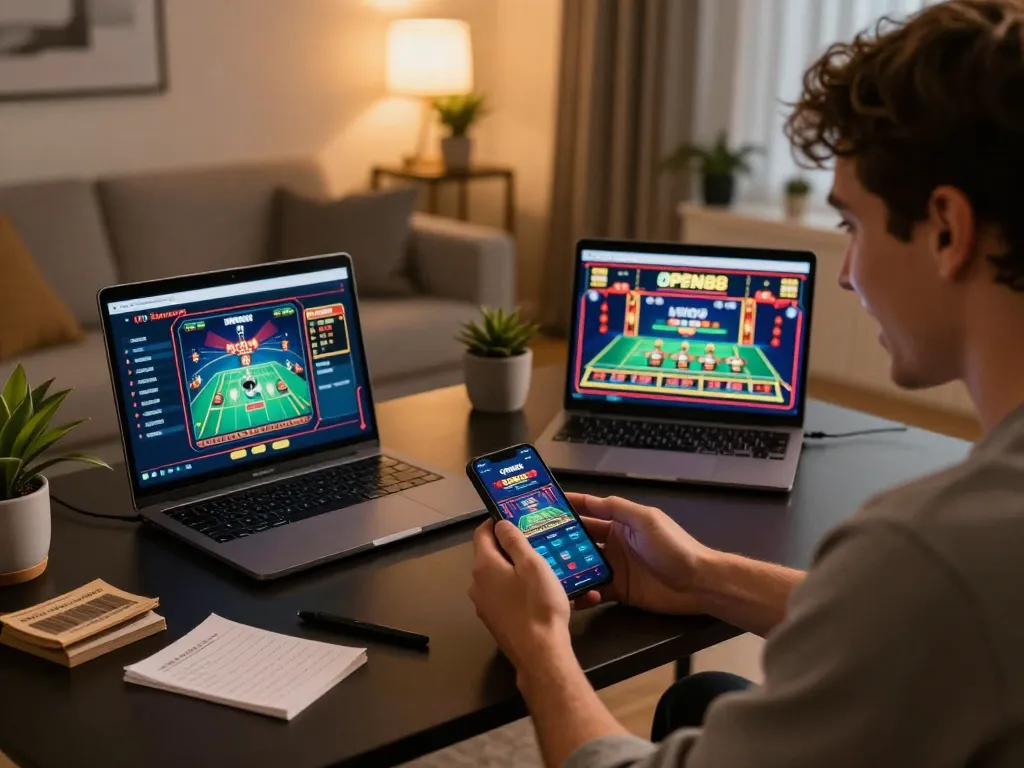 Player engaging with the OPEN88 casino app on a smartphone in a cozy online gaming setup.