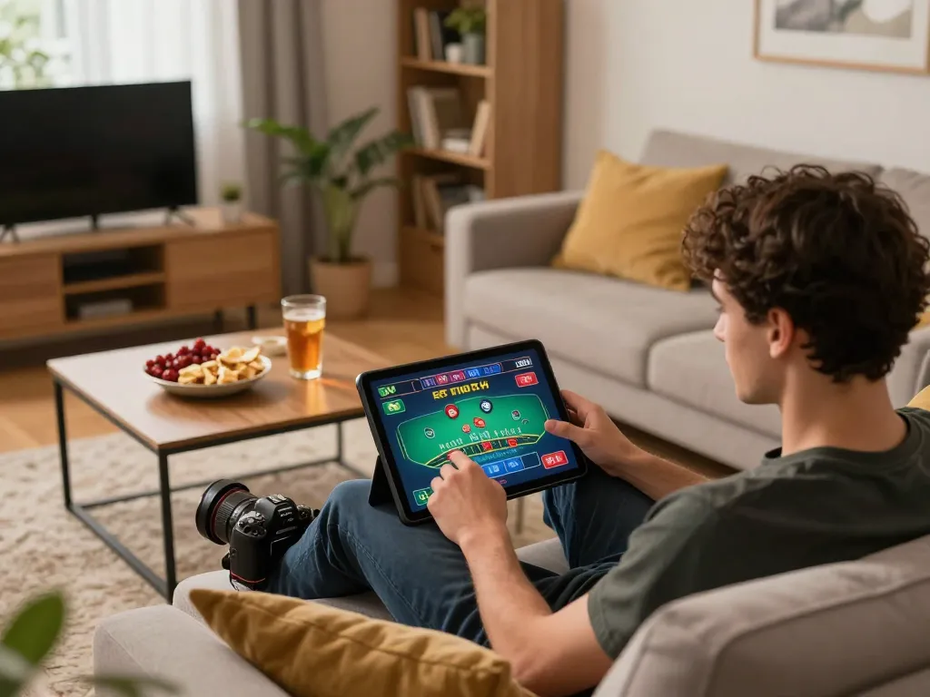 Engaging in online gambling at home with a tablet on https://www.dacsandatphanrang.com/, enjoying blackjack.