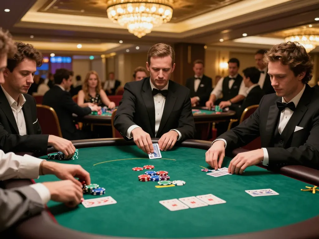 Lode88 players strategizing in an exciting poker game with colorful chips and focused ambiance.