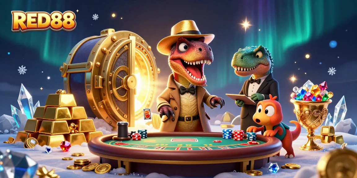 Experience thrilling gameplay at RED88 with a cartoon velociraptor card counter in action at a blackjack table.