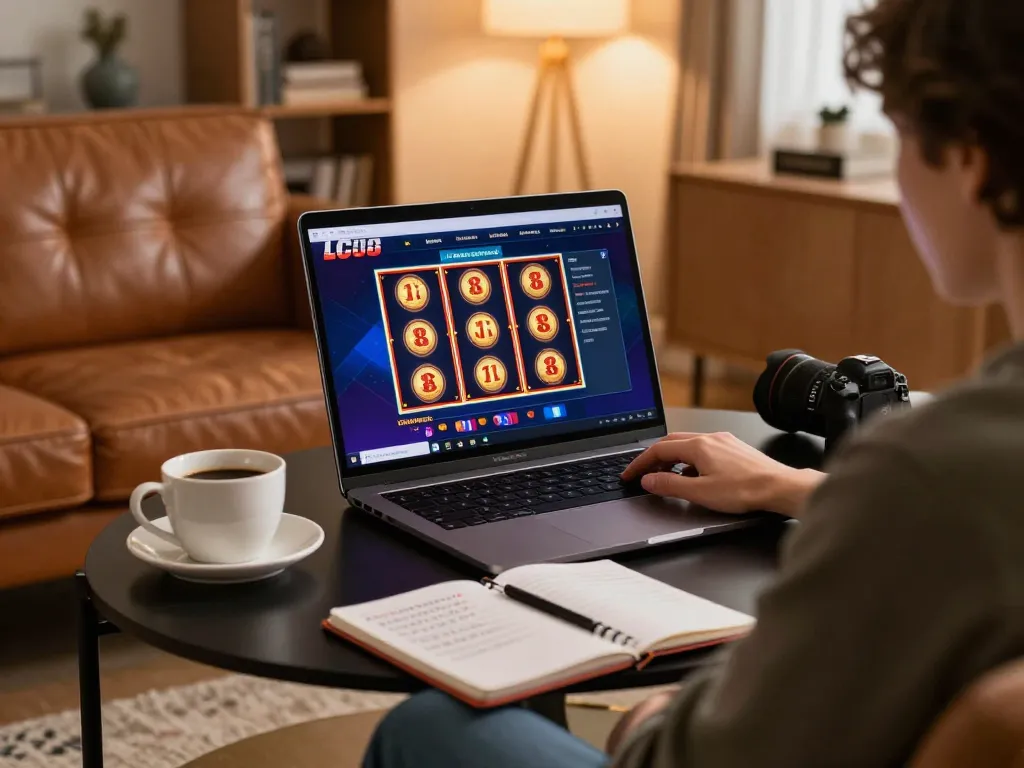 Player engaging with LC88 casino app on laptop, focused on betting strategies and slots.