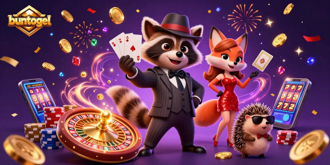 buntogel showcases a dynamic illustration with a suave raccoon, a fox lady, and a hedgehog bouncer amidst casino elements.