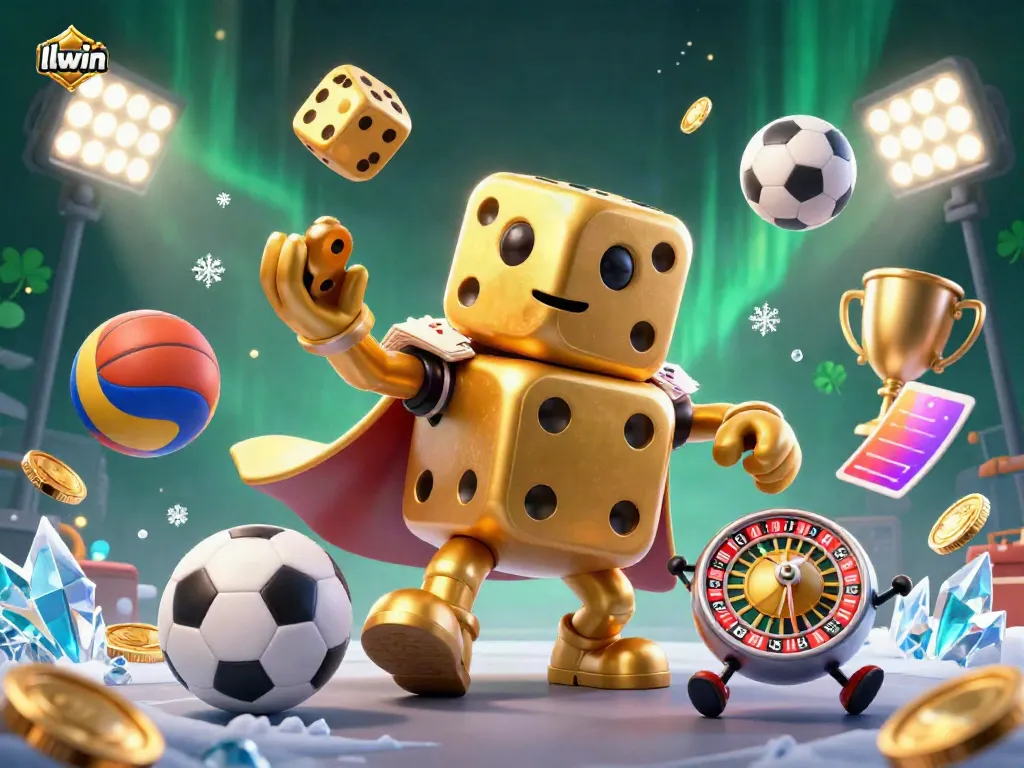 Experience the llwin excitement with a golden dice golem surrounded by dynamic sports elements in a vibrant casino scene.