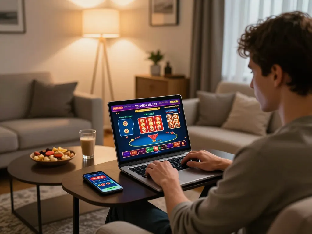 Engaged player on trang chủ LUCK8 enjoying online casino games with a laptop in a stylish living room.