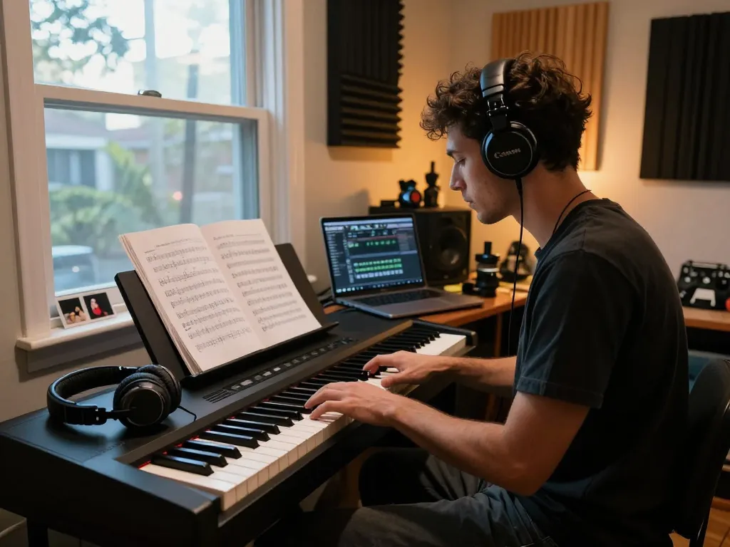 Musician playing go 88 digital piano in a cozy home studio.