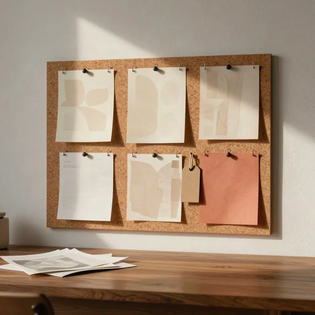Bacheca in sughero con forme di carta e campioni, in uno studio caldo al tramonto.