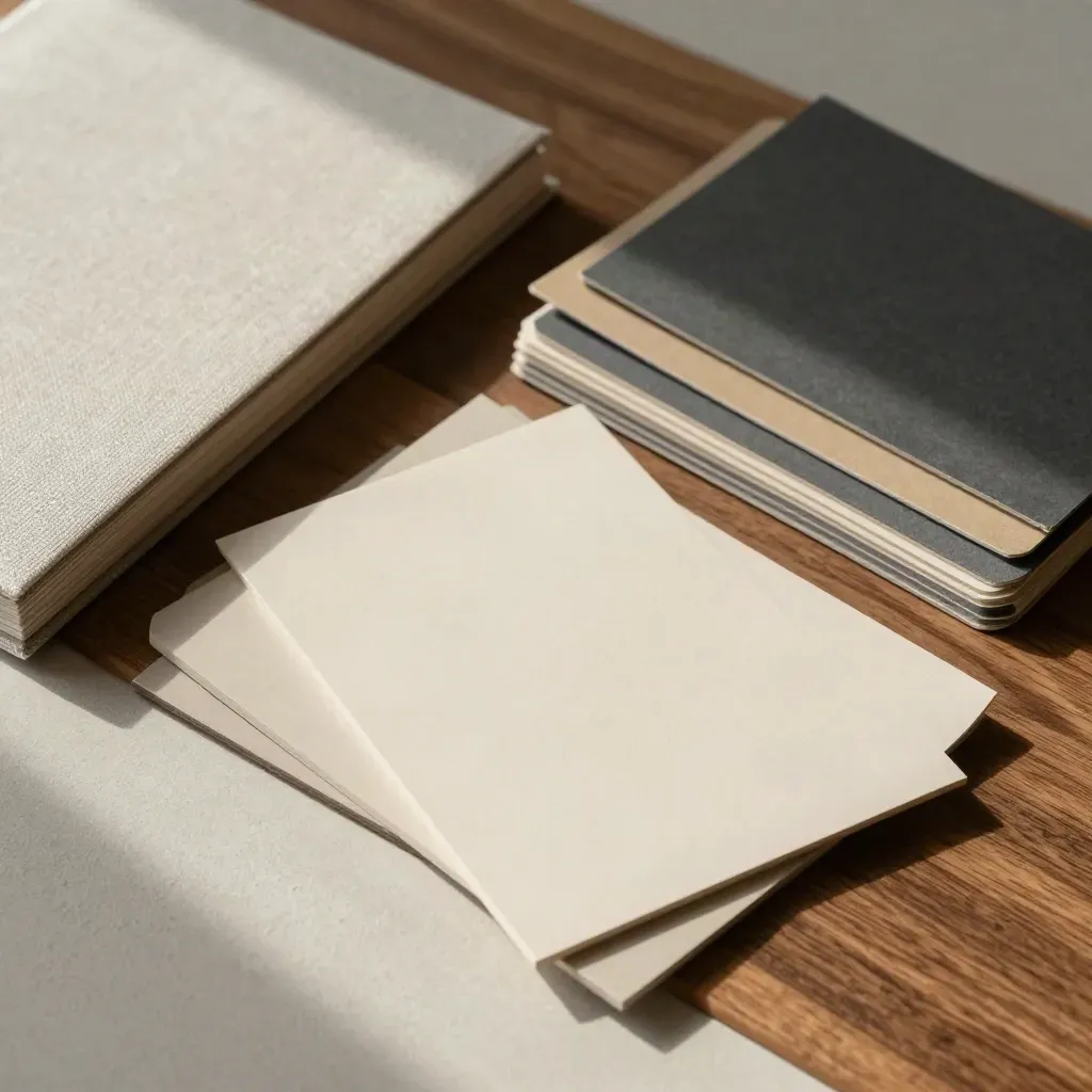 Flat lay dall’alto con campioni colore, booklet tipografico e tessuti per il restyling visivo.