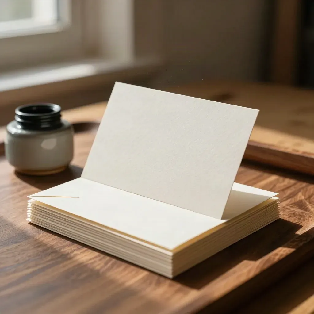 Carte nomi sfalsate su vassoio in noce con calamaio ceramico e buste crema, luce calda d’atelier.