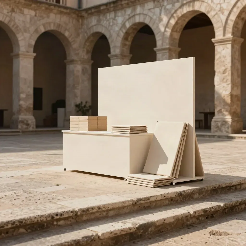 Pop-up B2B pronto in un cortile romano, plinti modulari e pannelli chiari sui gradini.