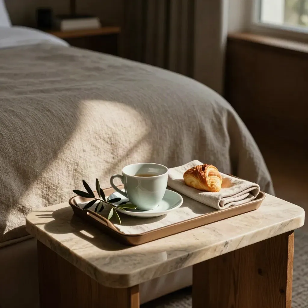 Suite boutique con tray colazione, tazza in ceramica, ramo d’ulivo e lino su marmo.