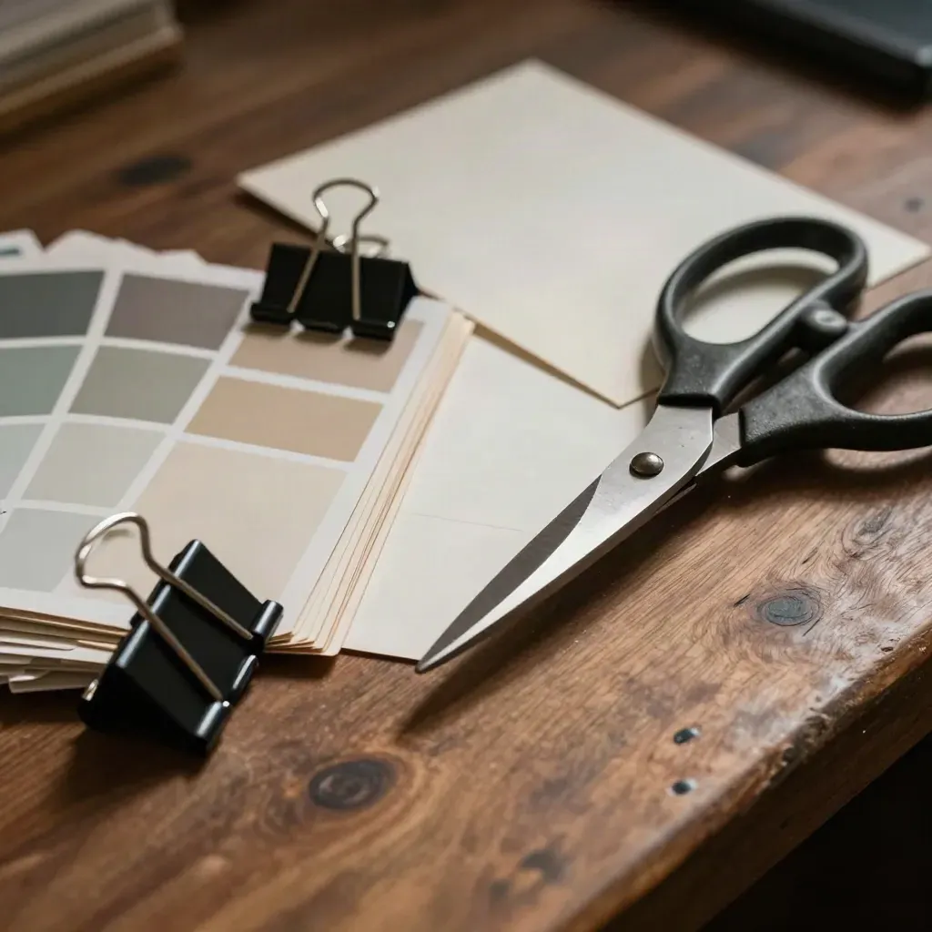 Swatch, clip e forbici su banco in legno, luce drammatica