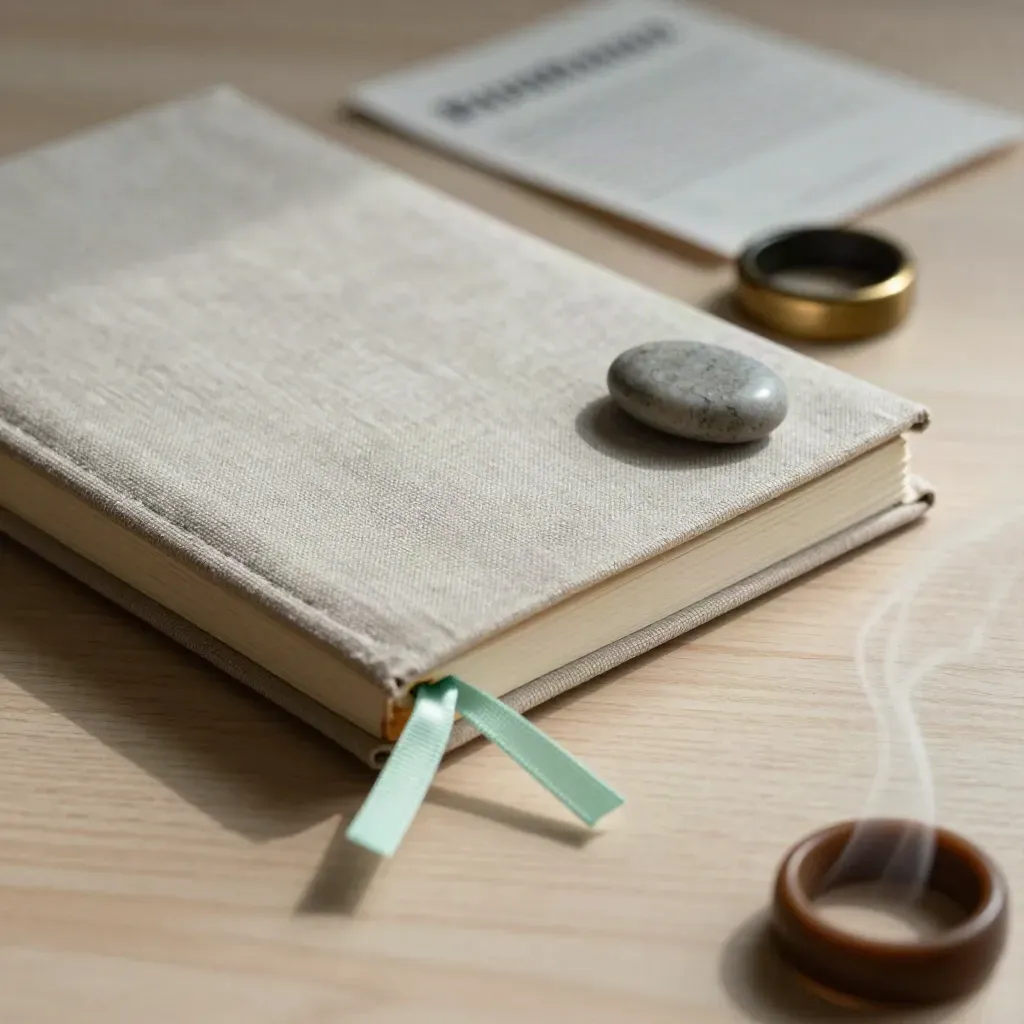 Notebook in lino, fermaglio in ottone, fermacarte in pietra e tazza di caffè su legno chiaro.