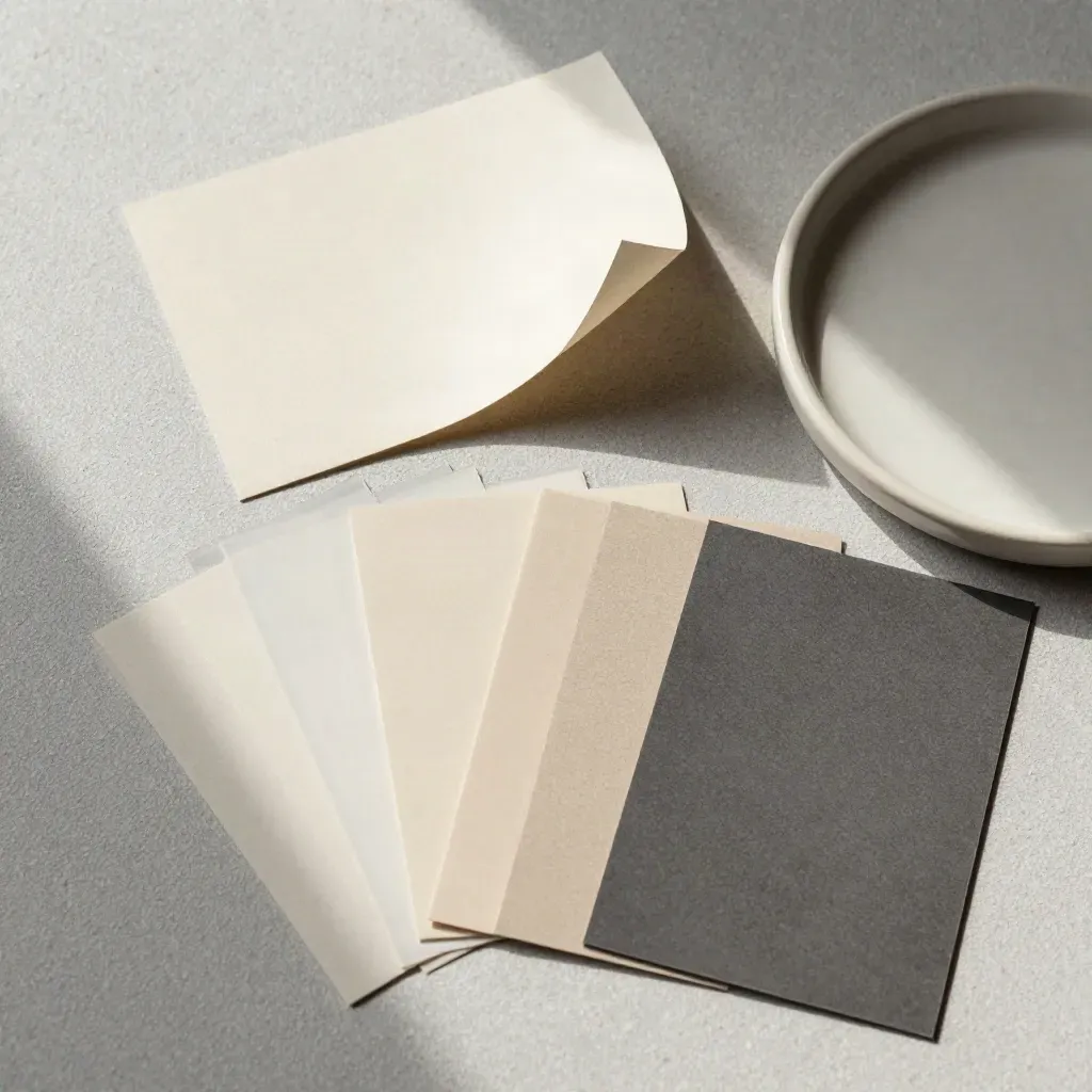 Swatch cartacei e triangoli in acetato su vassoio ceramico, luce morbida dall’alto.
