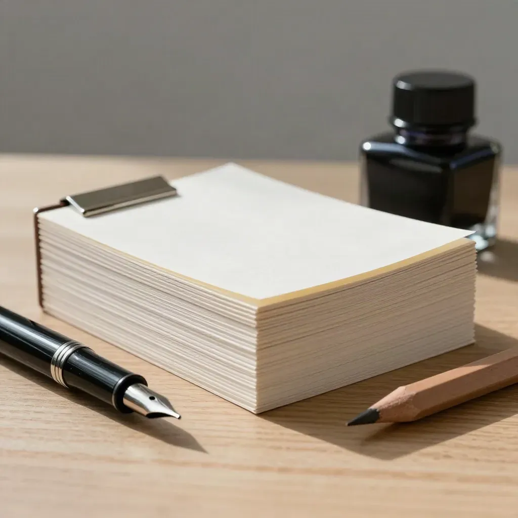 Blocco di carte revisione con penna a nib, inchiostro e matita su legno chiaro.