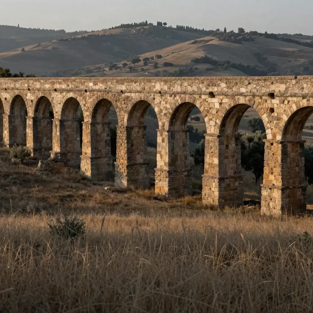 Acquedotto romano in travertino su collina hazy, luce serale e campagna calma