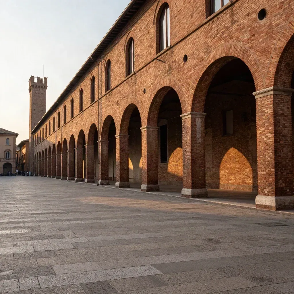 Portici di Bologna al tramonto con torri in controluce e piazza calma per il testo.