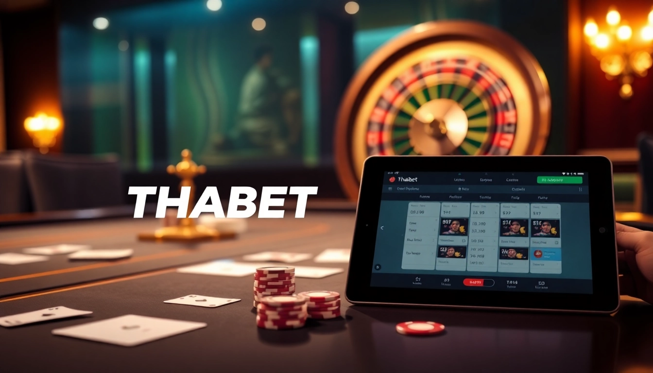 Thrilling poker action at THABET casino with chips and cards on a glamorous table.