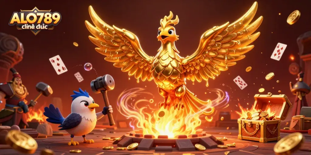 Experience thrilling action at ALO789 chính thức with this dynamic illustration featuring phoenix and combat elements.
