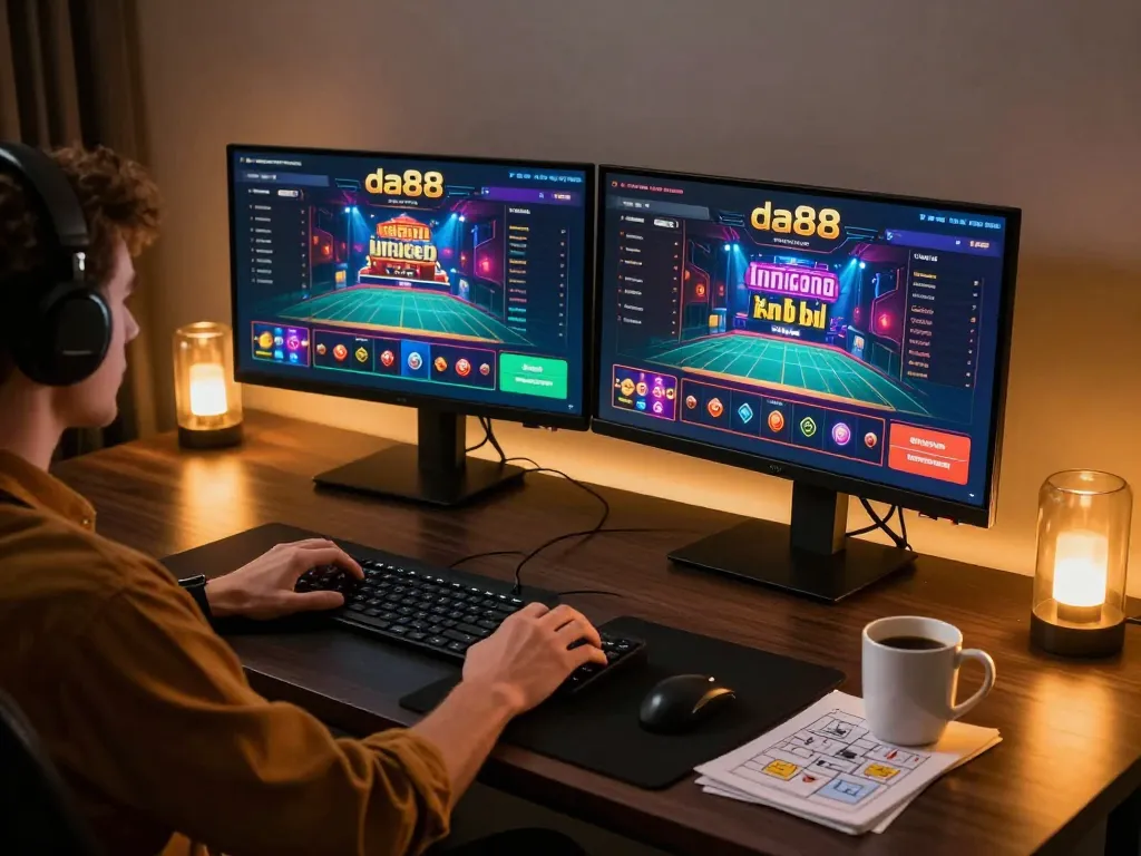 Player engaging with the da88 online casino interface on dual monitors, showcasing strategic gameplay.