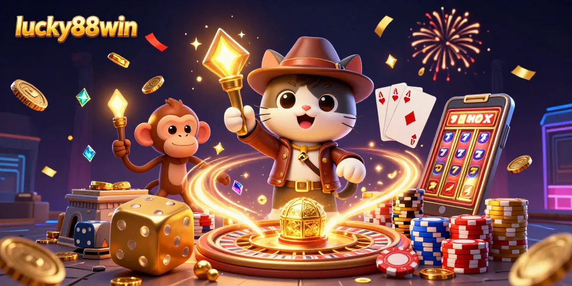 Experience the excitement of lucky88win with a 3D illustration showcasing a cat explorer discovering casino artifacts.