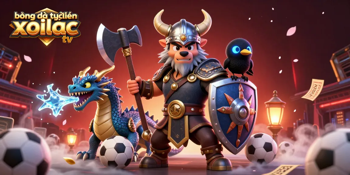 bóng đá trực tuyến xoilac tv showcases vibrant sports action with Viking warrior, dragon, and raven in dynamic betting environment.