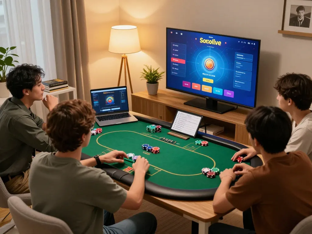 Socolive user engaging in online poker gameplay with friends, showcasing a vibrant gaming setup.